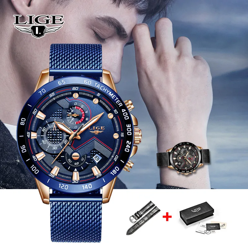 LIGE мужские наручные часы синие повседневные с сетчатым ремешком модные