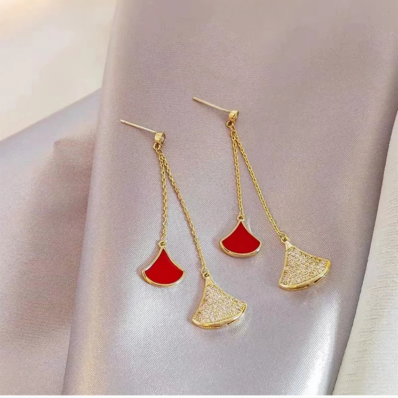 

Fashion Red Pearl Bow Flower Earrings Women's Fan-Shaped Tassel Asymmetric Earrings 2021 Party New Jewelry