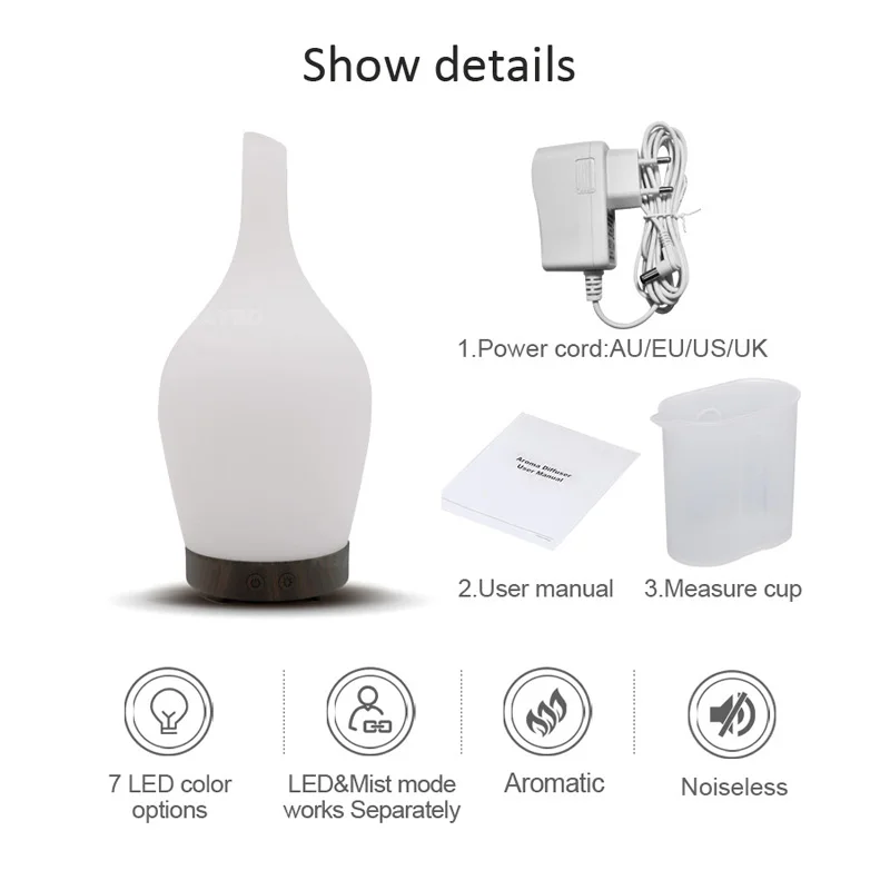 

100ML Glass Aromatherapy Essential Oil Diffuser Cool Mist Humidifier 7 Color LED Lights and Waterless Auto Shut-off