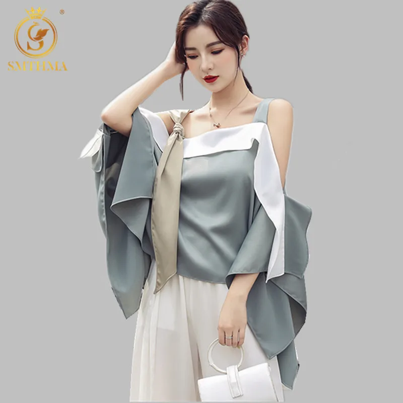 

SMTHMA 2022 New Off Shoulder Blouse Top Ruffle Long Sleeve Sexy Ladies Tops Women Asymmetrical blouse Summer tops