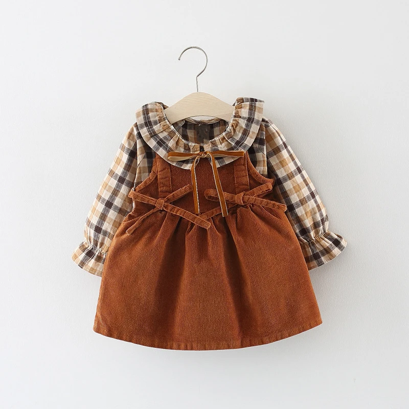 Explosion Europe America Baby girls Corduroy Strap Skirt Plaid Shirt Set spring autumn bow princess cute dress suit 2pcs | Детская