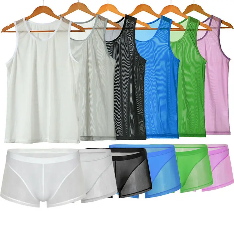 Сексуальное мужское нижнее белье без рукавов прозрачная жилеты фитнес