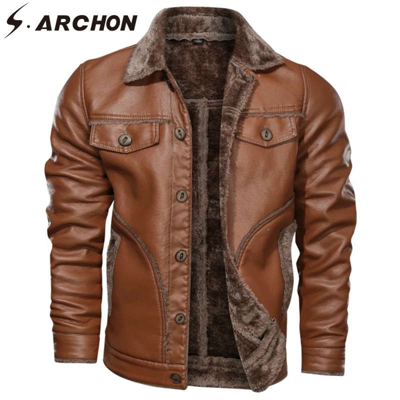 

S.ARCHON Winter New PU Leather Mens Jacket Fur Turn-Down Collar Thick Warm Long Sleeve Jacket Casual Tactical Windproof Jacket