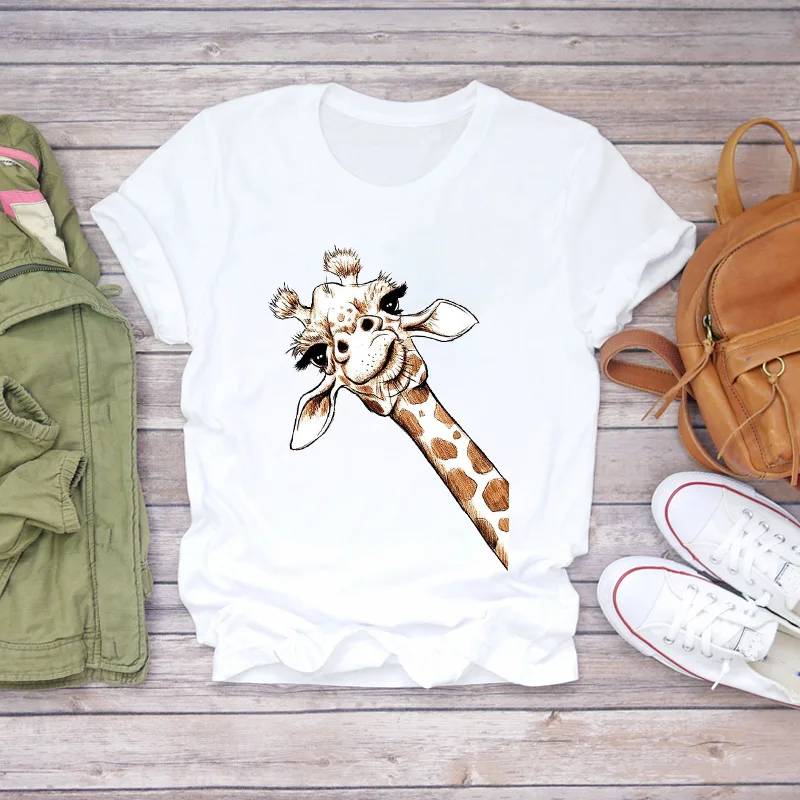 

Women Cartoon Giraffe Funny Animal 90s Short Sleeve Print Lady T-shirts Top Womens Stylish T Shirt Ladies 2021 Tee T-Shirt