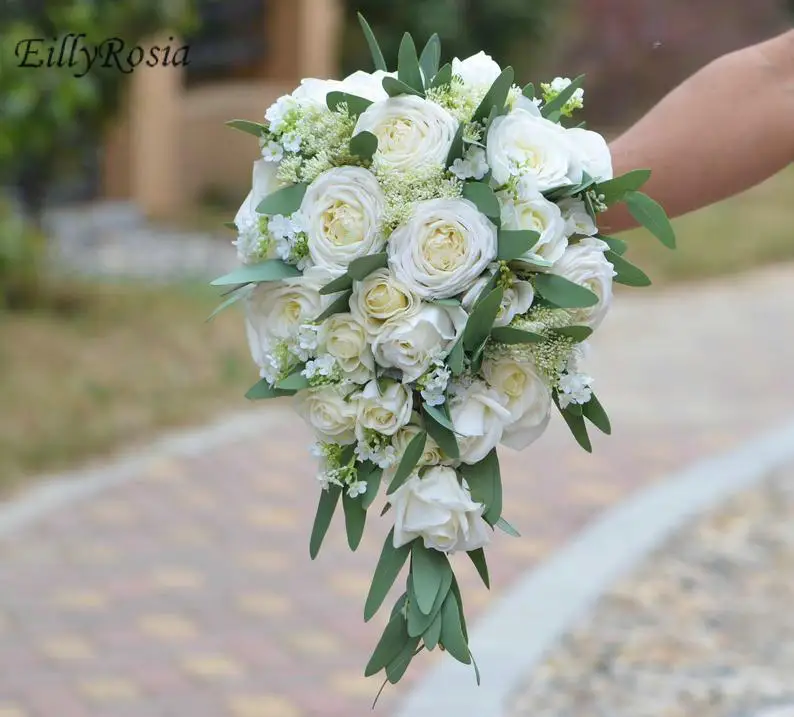 EillyRosia-ramo de novia en cascada de rosas blancas, flores artificiales de tacto...