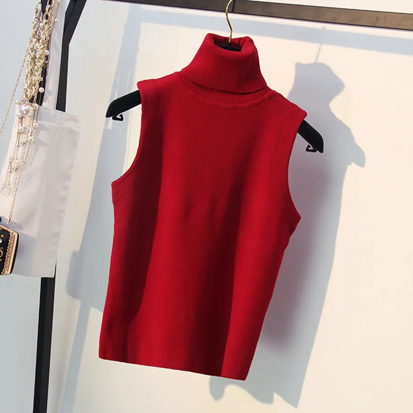 Женский трикотажный топ без рукавов водолазка пуловер футболка трикотажная