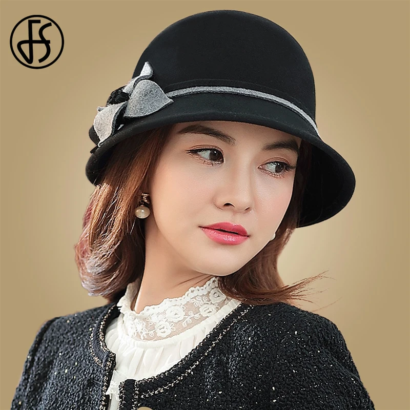 Женская винтажная шерстяная шляпка Колокол FS Шляпка из фетра с цветами для