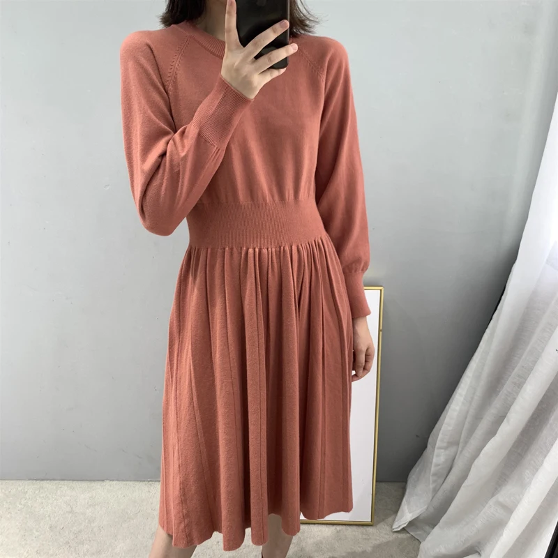 

wool Autumn winters pleated knitting fashion women trapeze waist long sleeve dress round collar