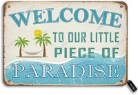 welcome to our little paradise tin retro look art deco logo family beach farmhouse garden outdoor fun wall decoration