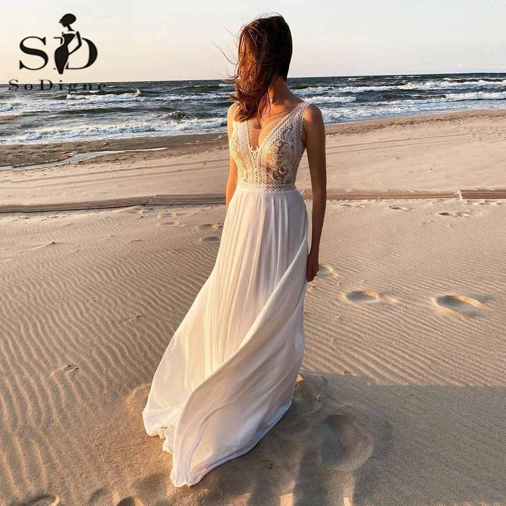 Купи SoDigne Simple New Boho Wedding Dresses Sexy Chiffon V Neck Beach Bridal Dress Backless Women Wedding Party Gowns за 5,272 рублей в магазине AliExpress