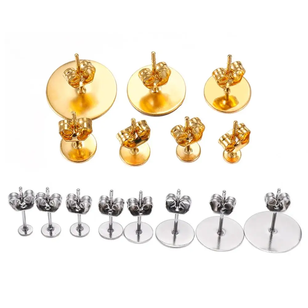 10-100pcs/lot 3-12mm Stainless Steel Blank Post Earring Stud Base Pins With Earring Plug Supplies For DIY Jewelry Making