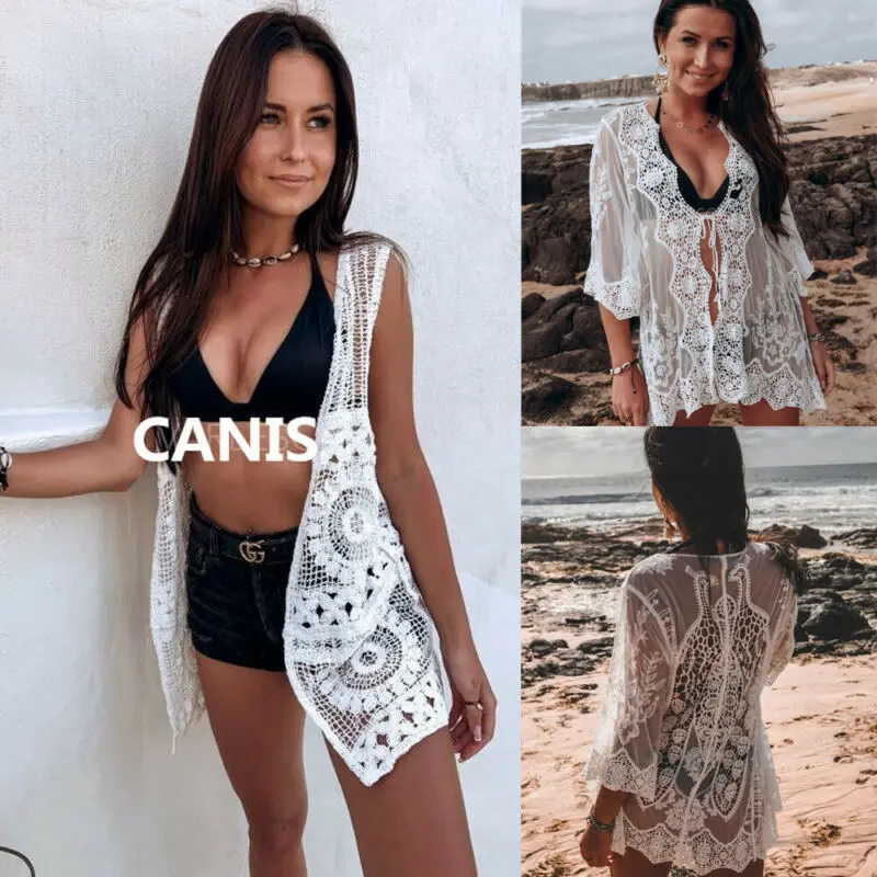 Summer Women Boho Lace Blouse Fashion Floral Tassel Crochet Beach Suncreen Smock White Bikini Cover Up Hollow Swimsuit Top | Женская