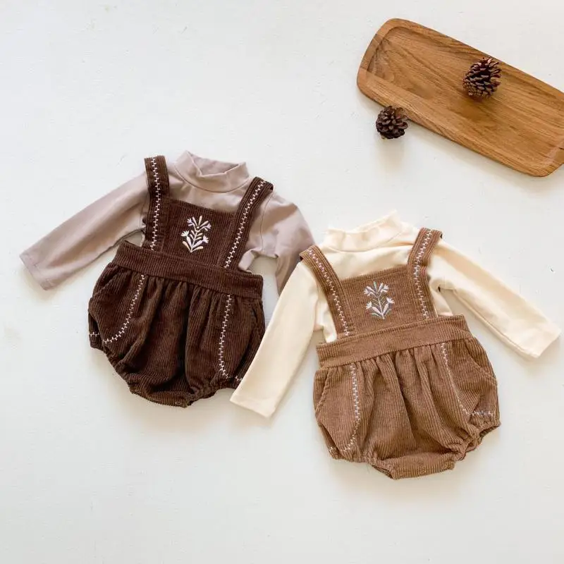 

Autumn Baby Girl Corduroy Bodysuit Embroidery Flower Overalls For Girls Infant Sleeveless Jumpsuit With Long Sleeve T Shirt