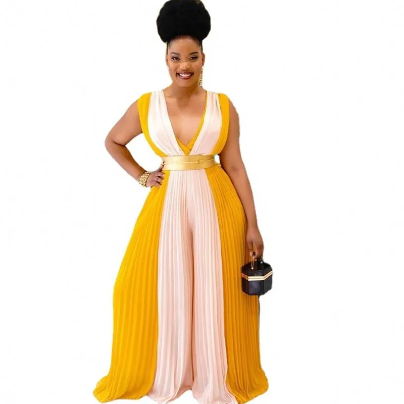 Комбинезон женский плиссированный с V-образным вырезом и широкими штанинами