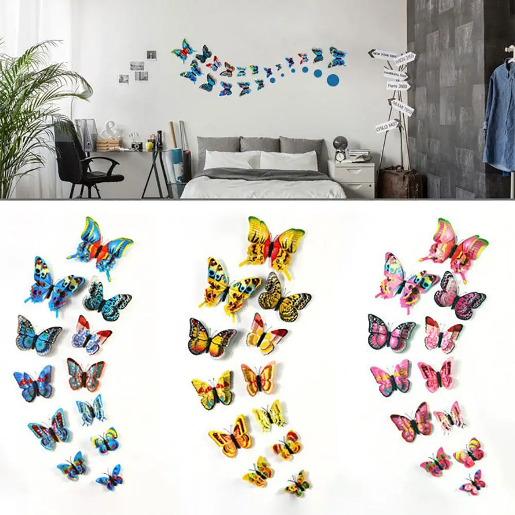 12 шт. разноцветные двухслойные 3D бабочки наклейки на стену магнитные из ПВХ