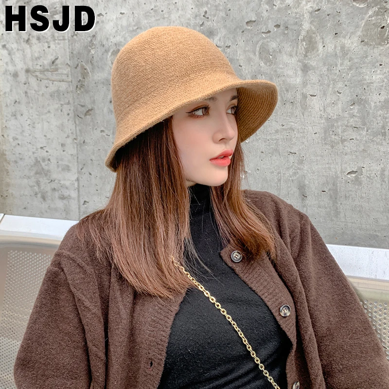Autumn Winter Women's Hats Fashion Dome Wide Brim Foldable Knitted Bucket Hat Warm Beanie fisherman's hat Vintage Knit Basin Hat