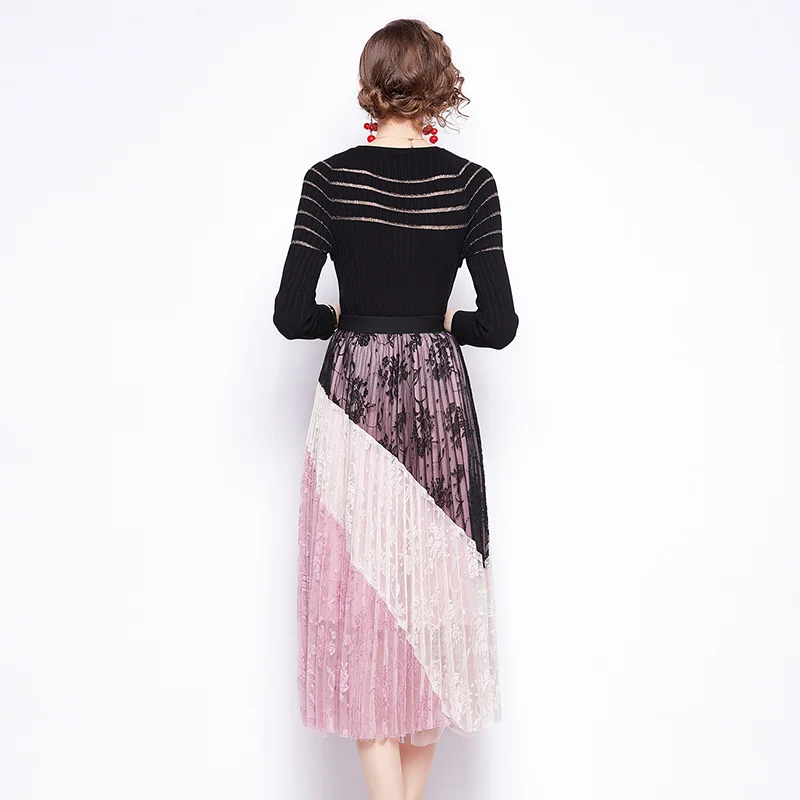 

Spring Autumn Women Suits New Fashion Elegant Slim Ladies Black Long Sleeve Knitted Tops + Sexy Lace Long Skirt Two Piece Set