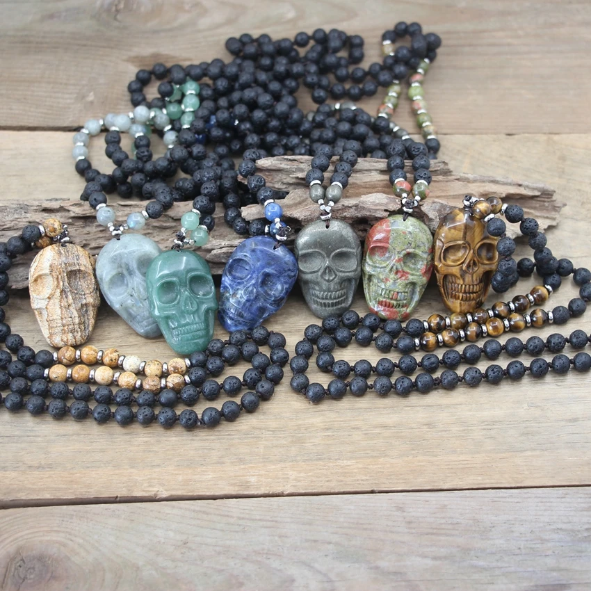 Natural Labradorite Craved Skull Head Pendants Knotted Handmade Yoga Necklaces Pyrite Lava Stone Round Beads Mala Jewelry,QC0142