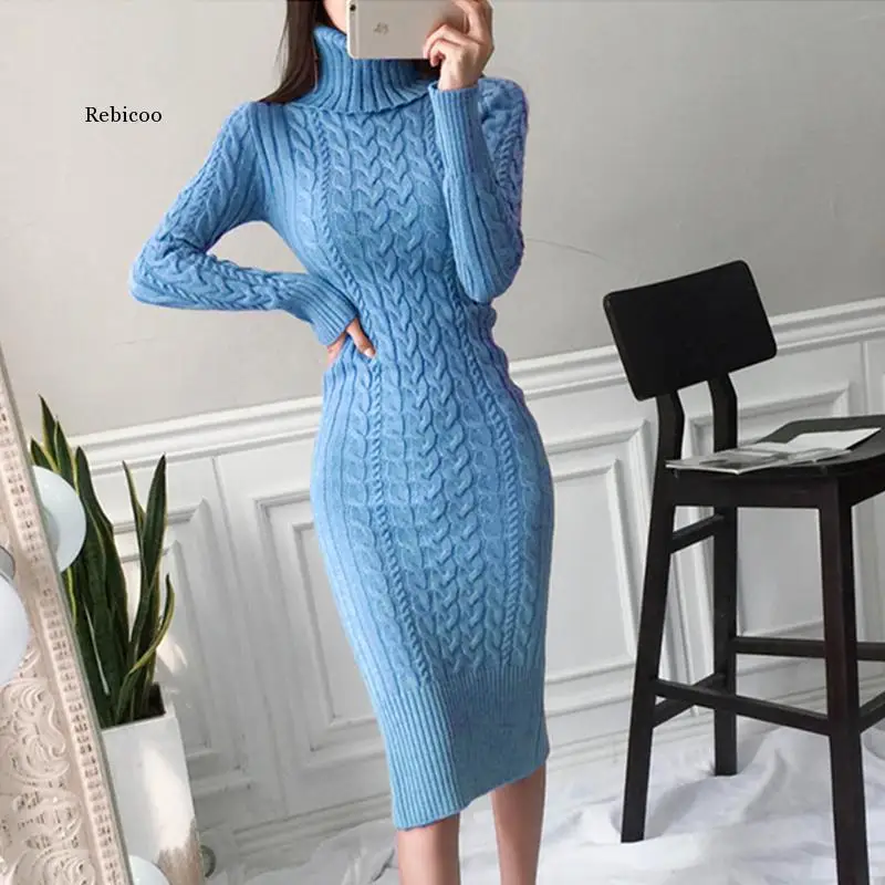

New Autumn Winter Sweater Dress Women Sexy Slim Bodycon Dress Female Turtleneck Long Sleeve Knitted Dress