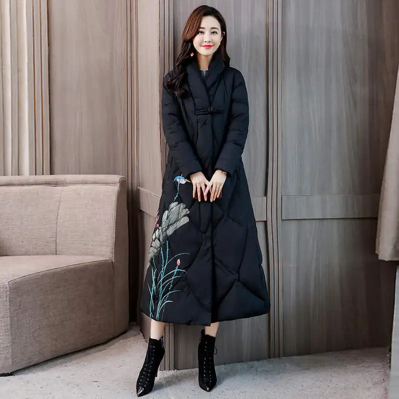 black parkas Винтажная женская зимняя куртка размера плюс 3XL с хлопковой подкладкой, Женское зимнее пальто, женская куртка с воротником-стойкой, Длинные парки C5960 - Цвет: black parkas