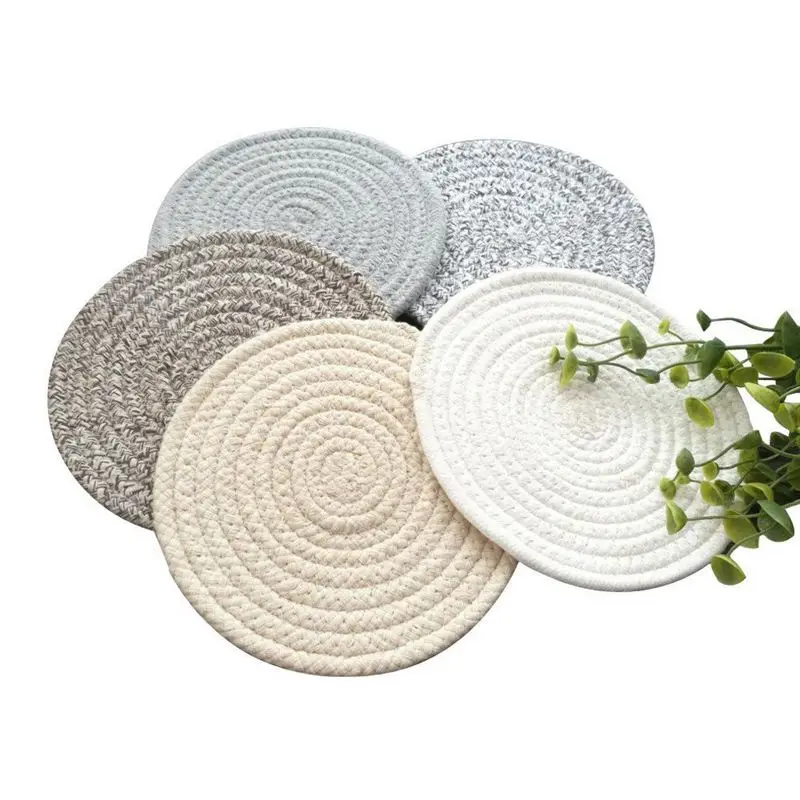 Promotion! Round Cotton Braided Table Place Mats Coaster Non-Slip Set of 5 Cups Dining Kitchen Washable Small | Дом и сад