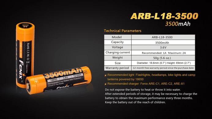 Fenix ARB-L18-3500 3500mAh 18650 литий-ионный перезаряжаемый аккумулятор