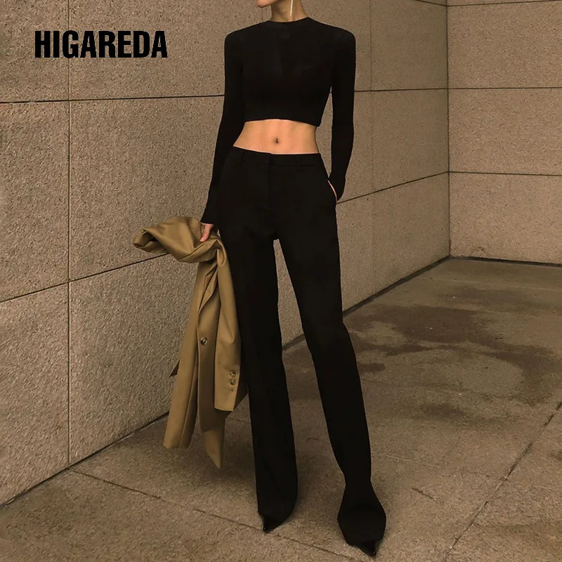 

Women Casual pants high waist zipper solid high street sraight pants femme basic slim suit trousers knitted 2020 new spring