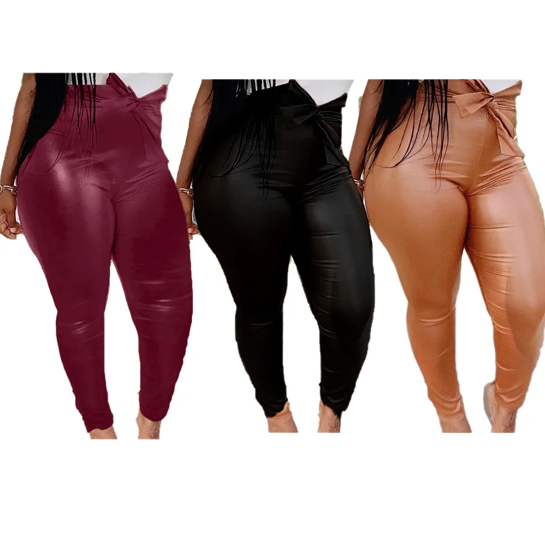 Размера плюс S 4XL однотонные женские узкие PU Pants2021 модное Клубное платье с бантом