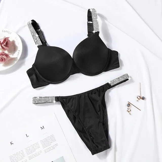 

New Underwear Women's Suit Diamond Logo Shoulder Strap Satin Sexy Deep V Gathered 3 / 4 Cup Bra Adjustable Smooth Girl's Secret