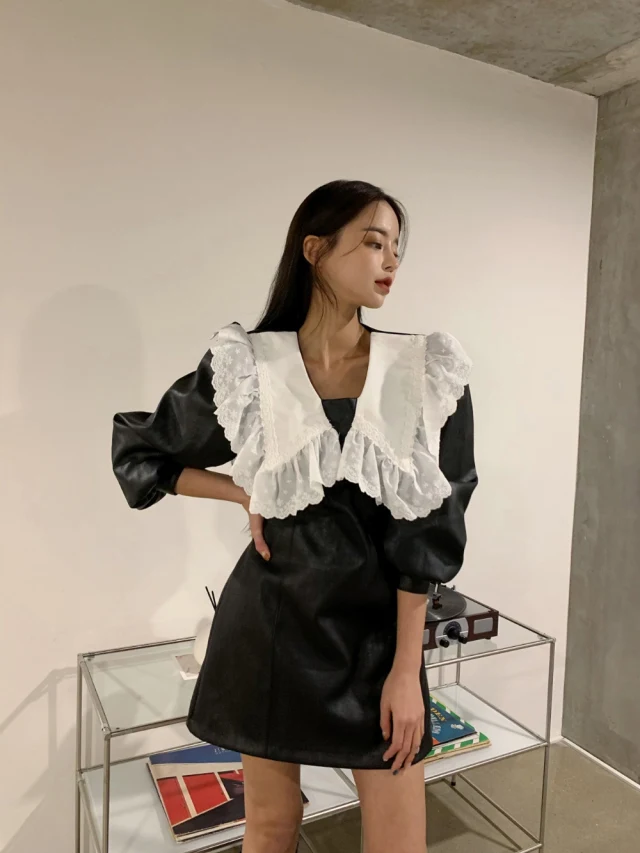 

Korean Style Women Spring O Neck Ladies Sexy Lace Patchwork Dress Elegant Fashion Three Quarter Puff Sleeve Party Dresses