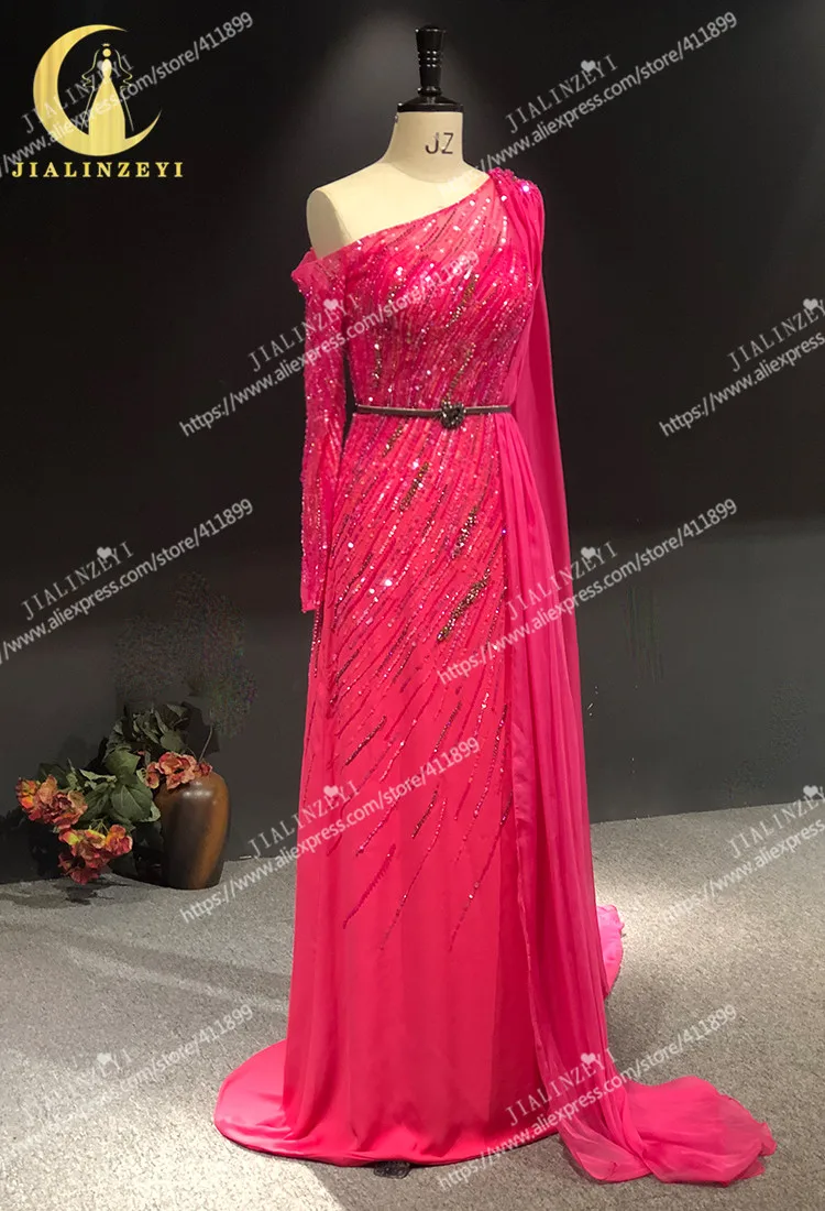 Rhine Real picture one shoulder beads sequins sexy robe longue abiti da seradress women evening dress long formal dresses