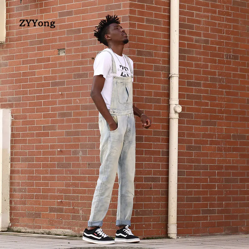 2021 Overalls Men's Bib Jeans Denim Jumpsuit Large Hip Hop Street Wear Fashion Pocket Loose Pants Light Blue Trousers