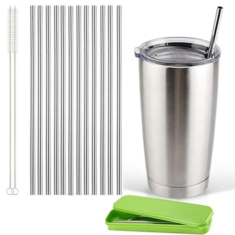 

set of 12, Stainless Steel Straws, Reusable Metal Drinking Straws, Straight Straws + 2 Cleaning Brushes