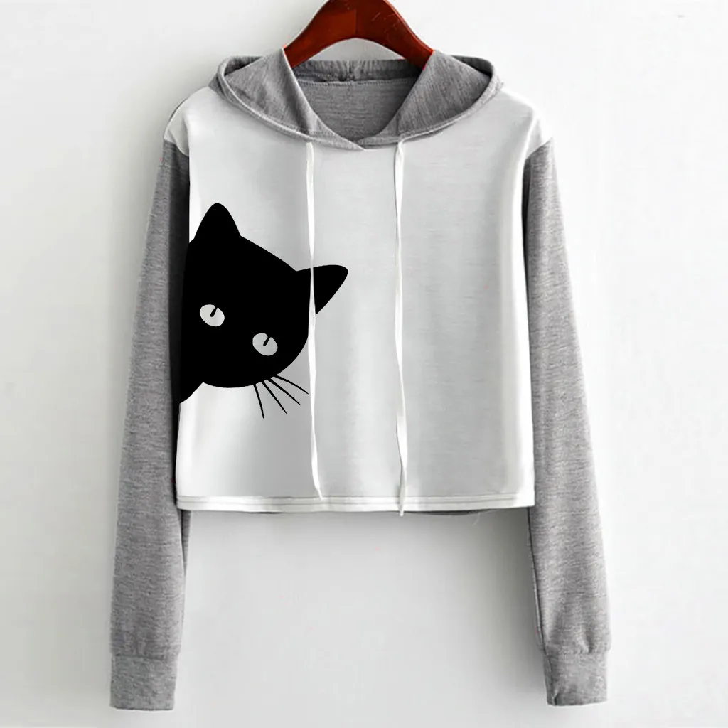 Повседневные короткие толстовки для женщин модная Толстовка с принтом кота