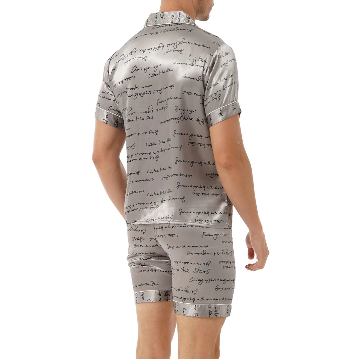 2Pcs Men's Short Sleeve Satin Pajama Set with Shorts Turn-Down Collar Classic Sleepwear Loungewear