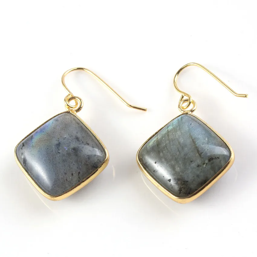 

FYSL Silver Plated Square Shape Labradorite Stone Drop Earrings for Women Black Agates Trendy Jewelry