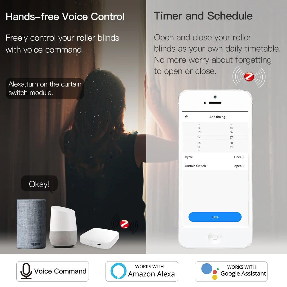 Модуль переключения занавесок Moes ZigBee Smart RF433 для моторизованных роликовых жалюзи