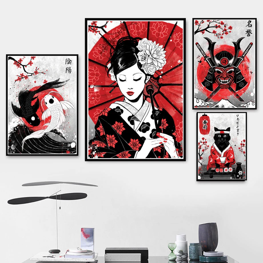 

Japan Culture Samurai Geisha Girl Cat Modern Artwork Poster Prints Art Canvas Oil Painting Wall Pictures Living Room Home Decor