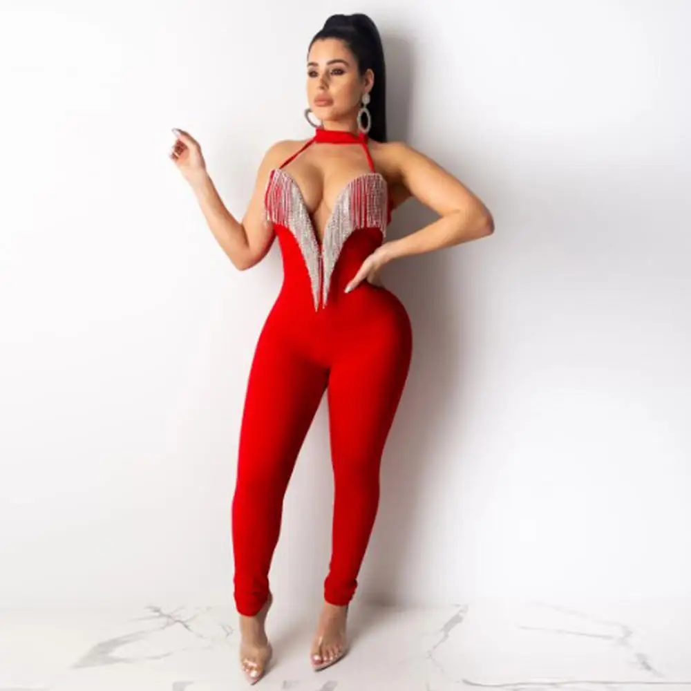 Сексуальный комбинезон с блестками и кисточками женский лямкой на шее один