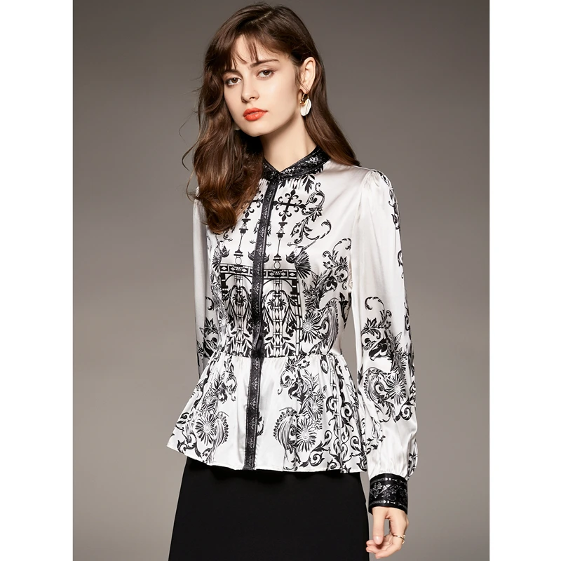 

Blouse Women Elegant Style 95 % Silk Symmetrical Printed O Neck Long Sleeves High Quality Slim Shirt Ladies New Fashion