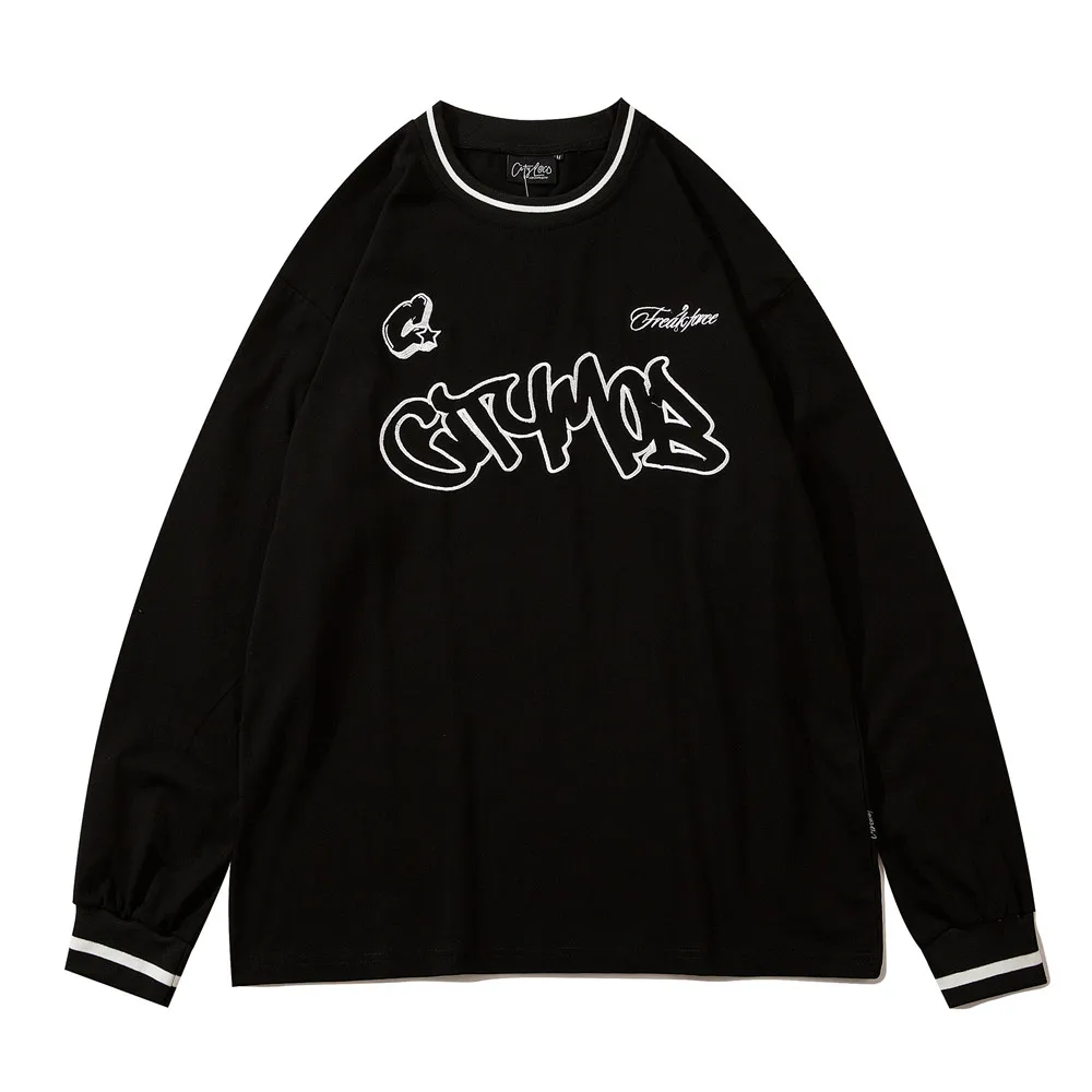 

Letter Embroidery Long Sleeve T-shirt Mens Autumn Casual Crew Neck Cotton Tee Patchwork Simple Loose T shirt Men