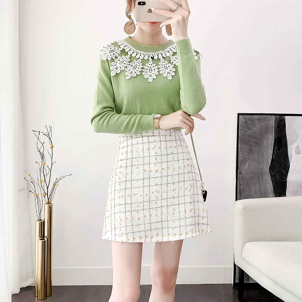 

Autumn new skirt fashion suits sweet lace long sleeve sweater knit plaid skirts two-piece outfit women knitwear top matching