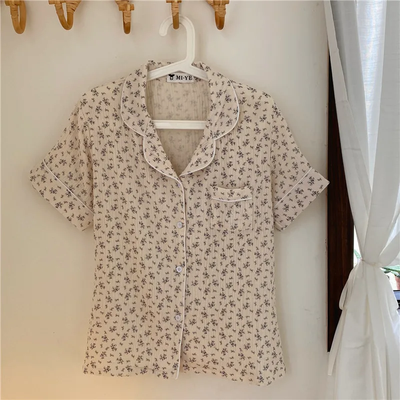 

CBAFU women summer 2 piece set sleepwear korea floral print cotton pajamas set soft short sleeve tops shorts home clothes M909