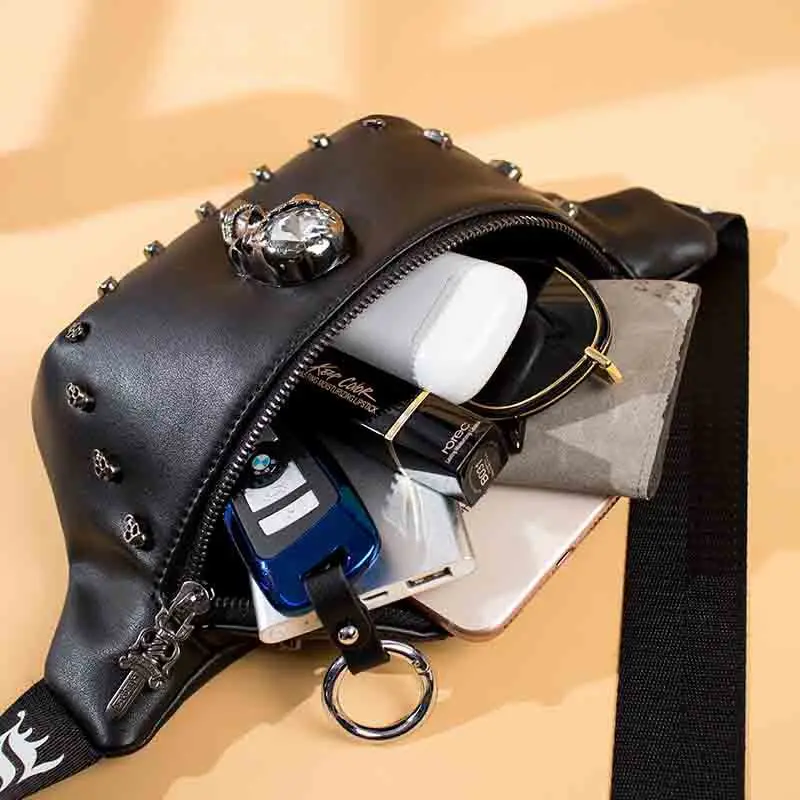 New Fashion Women Chest Bag PU Leather Shoulder Messenger Bags Skeleton Skull Personalized Waist Handbag High Quality Gift |