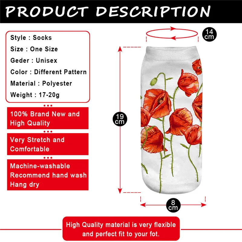 Новые модные женские носки унисекс Meias с цветочным принтом 3D забавные низкой