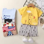 Детская одежда для девочек, комплект из 2 предметов: футболка, шорты, фиолетовый комплект, милый мультяшный принт, летняя хлопковая одежда для мальчиков, комплекты для маленьких мальчиков