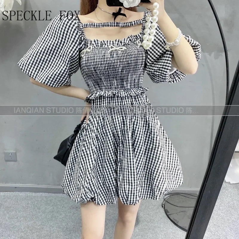 

One-piece Dress Korean Ball Gown Plaid Fashion Plaid Puff Sleeve Lolita Women Clothing Casual Cute Mini Harajuku Girl Streetwear
