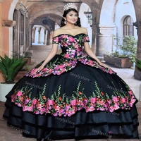 princess black mexican quinceanera dresses 2020 with short sleeves vintage floral embroidery ball gown prom dresses sweet 15