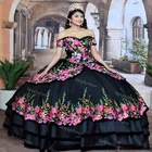 Черные мексиканские платья принцессы для Quinceanera 2020 с коротким рукавом винтажное бальное платье с цветочной вышивкой милые платья для выпускного вечера 15