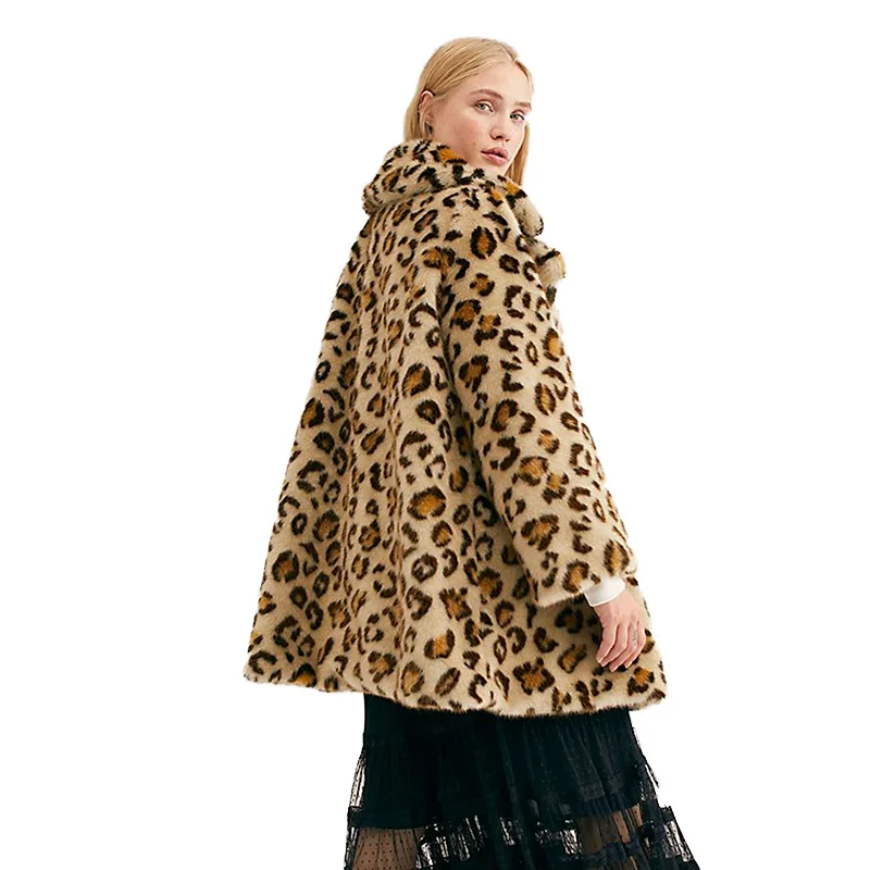 

Jacket Women's Coat Winter Fleece Leopard Turn-down Collar Long Sleeve Double Pocket Fashion Warm Women's Thick Top